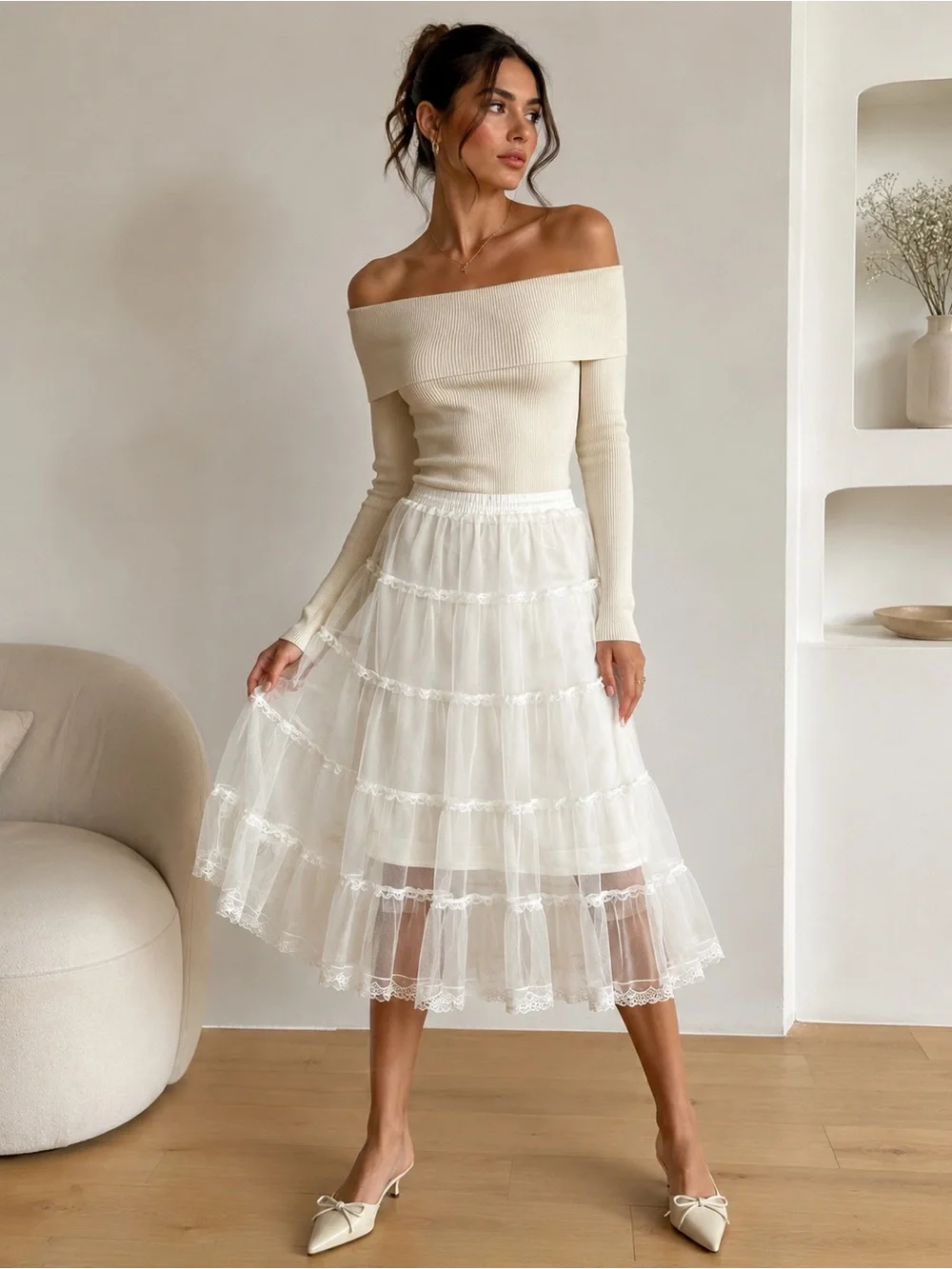 White Tulle Lace Tiered Midi Skirt Flowy Flare Cottagecore Feminine Coquette